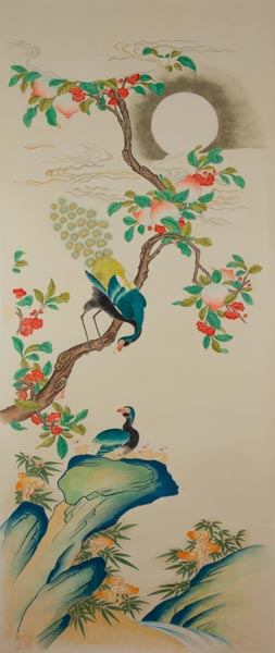 2 cranes sitting waterside under moon