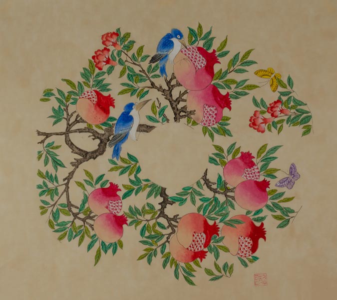 birds picking at fruit tree leath